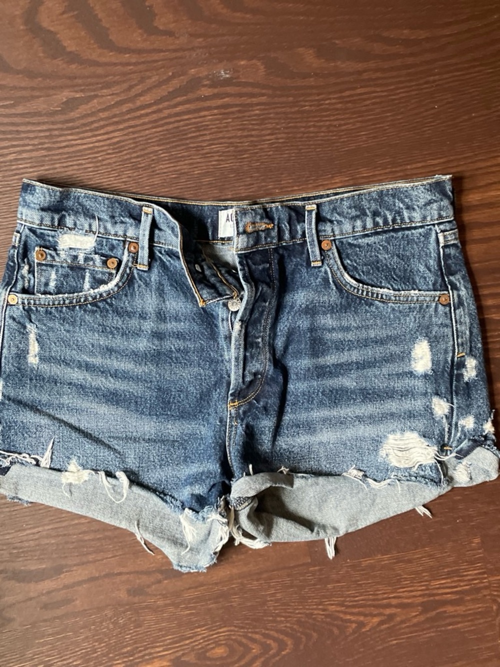 Agolde Distressed Rolled Hem Jean Shorts - Dark Blue